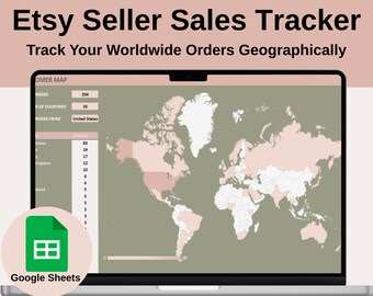 Suivi des ventes Etsy avec carte du monde - Modèle Google Sheets pour l'importation CSV et l'analyse des commandes, tableau de bord client mondial Etsy Seller