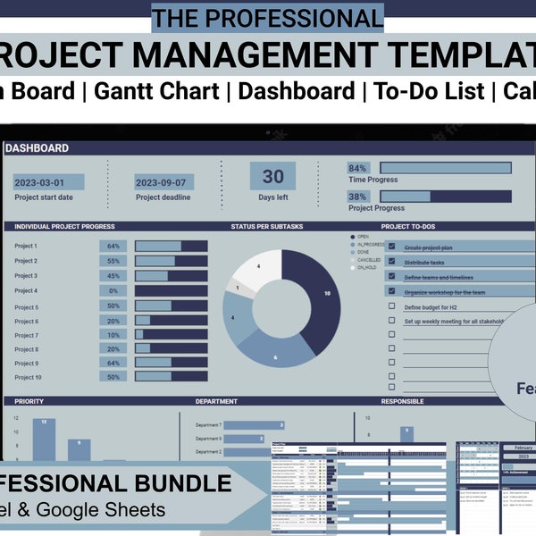 Projektmanagement Vorlage | Professionell | Excel & Google Sheets | Kanban-Tafel | Projektplaner | Gantt Diagramm | To-Do-Liste | Kalender