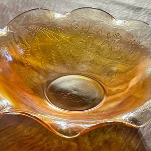 Vintage 1950 Floragold by Jeannette Ruffled Fruit Bowl. Iridescent, Louisa Glassware. Golden color and raised etching. 11.5&quot; wide 3&quot; high