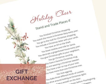 Könnte beinhalten: Ein weißes Papier mit den Worten "Holiday Cheer" und "Stand and Trade Places If" in roter Schrift. Das Papier hat einen Stechpalmen- und Beerenrand und die Worte "Gift Exchange" in einer rosa Box.