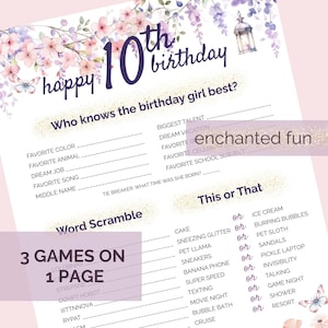 Enchanted 10th Birthday Party Games | Printable Activity Sheet for Girls | Word Scramble, This or That, Who Knows Her Best | Game Bundle
