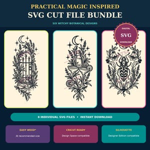 May include: A digital SVG cut file bundle featuring six botanical designs with black line art on cream backgrounds. The graphics include a garden gate, cocktail glasses, and a beetle, all surrounded by stars, moons, and floral elements.