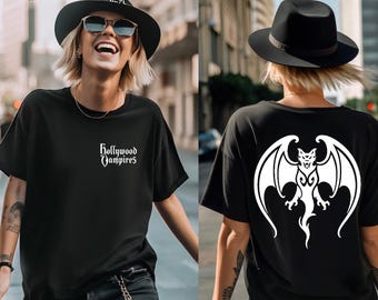 Hollywood Vampires T-Shirt, Raise The Dead Tour, Chest Logo and Back Bat Print, Unisex Cotton