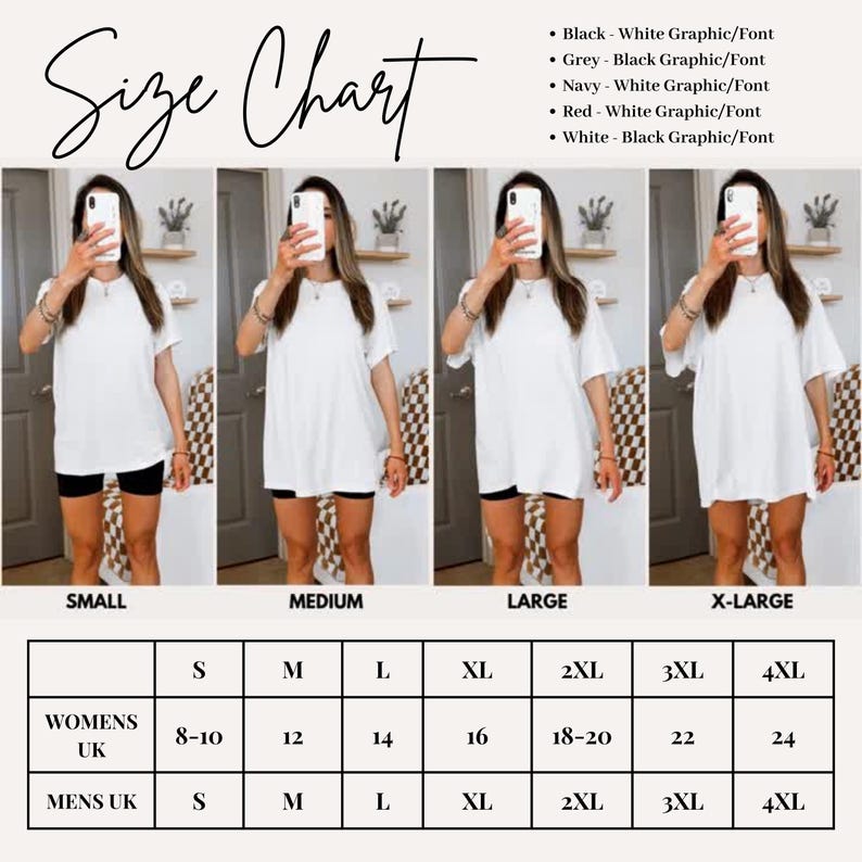 The image is a size chart that shows the different sizes of a white t-shirt for women and men, with corresponding measurements.