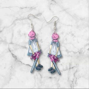 creepy girl chainsaw earrings, horror, goth, halloween dangle earrings