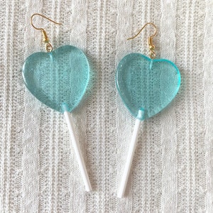 lollipop heart earrings, y2k aesthetic, glitter resin earrings, kawaii dangle