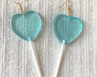 Y2K Lollipop Heart Earrings: Glitter Pastel Resin Kawaii Dangle
