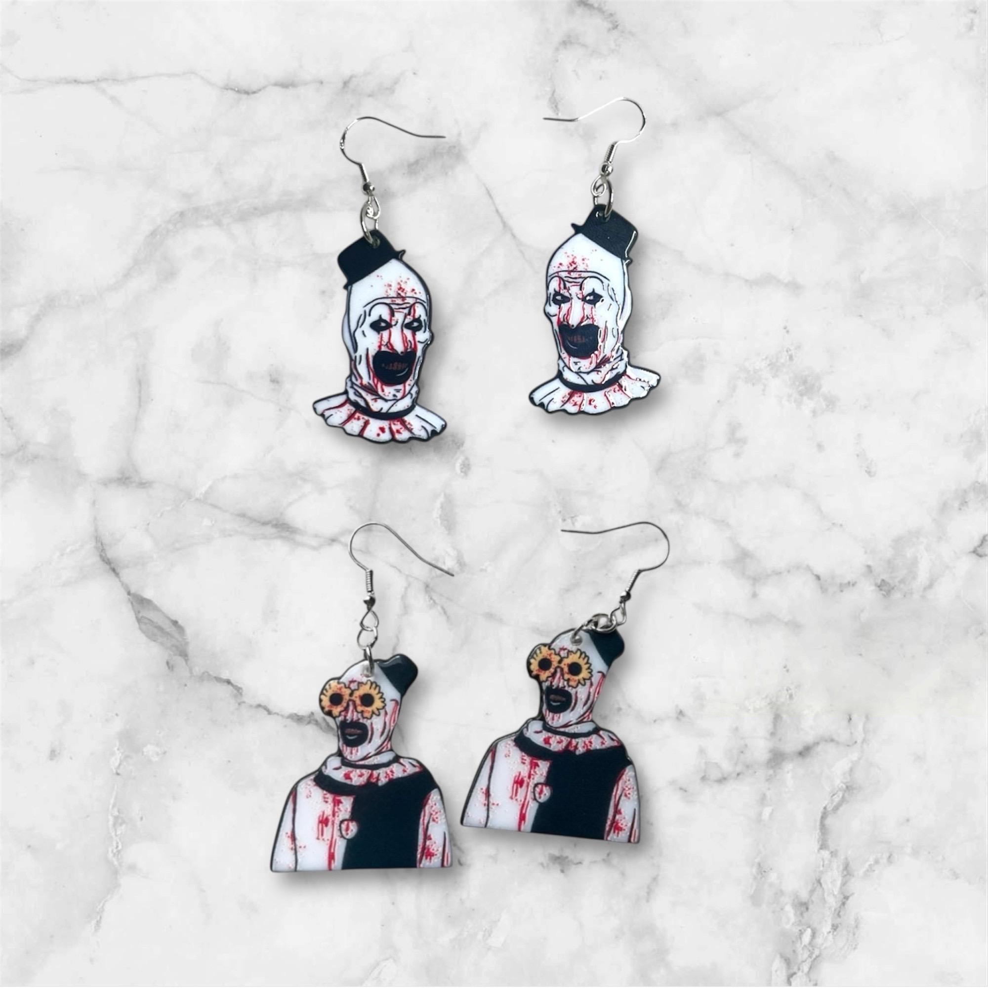 art horror movie earrings, bloody clown earrings