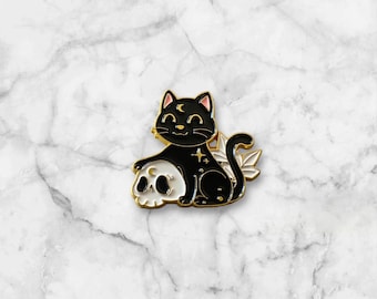 Black Cat & Skull Soft Enamel Pin: Witchy Lapel Pin