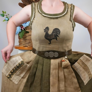 Vintage Sportalm Dirndl Dress: Linen Bavarian Trachten Dress with Suede Belt, Size 36