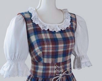 Wool Plaid Dirndl Dress with Corset Belt and Blouse, Oktoberfest, Trachtenkleid, Size 34 (US S 4)
