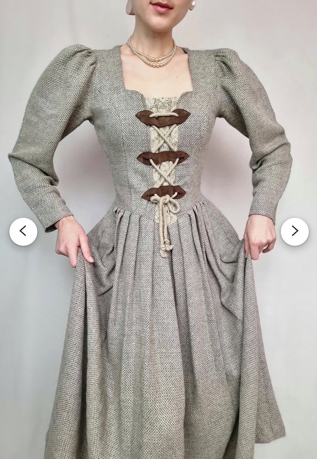 Vintage Austrian Dress Linen Fabric Puffy Sleeves/celtic Dress Beige