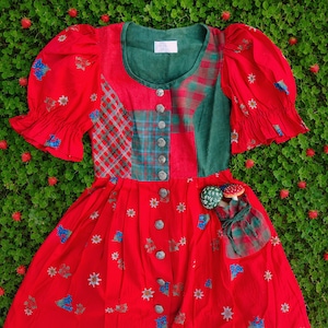 Vintage Sportalm Dirndl Red Dress w/ Puff-sleeves, Austrian Dress, Bavarian Dress, Folk, Tyrolean, Trachten, Oktoberfest, Size 42 (L US 12)