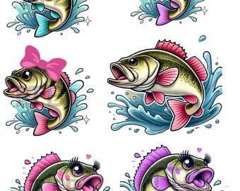 Girls Who Fish Clipart, Cartoon Bass Fish Designs (PNG JPG)