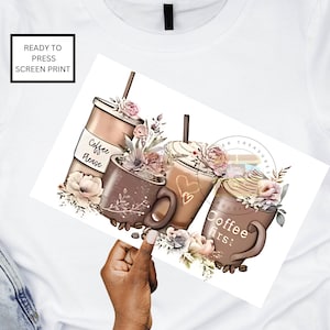 May include: A digital illustration of three coffee cups with floral accents. The cups are filled with coffee and have the text "Coffee First!" on one of the cups.