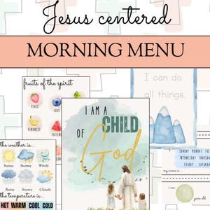 Puede incluir: Un conjunto de tarjetas imprimibles para niños con ilustraciones de acuarela y temas cristianos. Las tarjetas incluyen frases como "Soy un hijo de Dios", "frutos del espíritu" y "Puedo hacer todas las cosas".