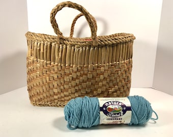 Vintage Woven Straw Knitting Basket with Knitting Needles and Yarn