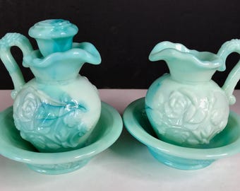 Vintage Avon Victoriana Variegated Milk Glass in Blue, Aqua and Yellow Bathroom Vanity Set of Two Pitchers I 1970s Retro