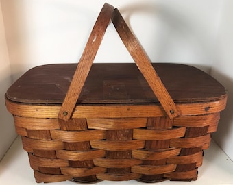 Vintage Woven Wood Picnic Basket, Rustic Dark Stain, 1950s