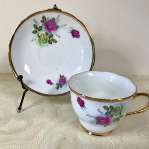 Vintage Made in China Pink and Green Floral Tea Cup and Saucer with gold accents I 1950s