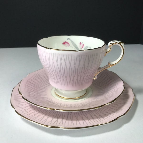 Rare find, Discounted Vintage 1950s I Paragon Pink, White and Silvery Gray Tea Cup, Saucer and Dessert Plate I Fine Bone China