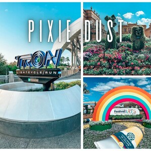 以下が含まれることがあります： 「PIXIE DUST」のテキストが入った画像のコラージュ。1つの画像には「TRON Lightcycle Run」の看板が表示されています。他の画像には、カラフルな花のディスプレイと「Festival ARTS」という言葉が入った虹色のアーチが含まれています。