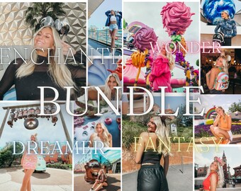 Könnte beinhalten: Eine Collage von Bildern mit einer blonden Person an verschiedenen Orten, darunter Themenparks und im Freien. Der Text "ENCHANTED BUNDLE DREAMER WONDER FANTASY" ist über den Bildern angeordnet. Die Bilder zeigen eine Vielzahl von Outfits und Accessoires.