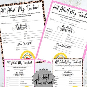 All About Teacher Questionnaire - Back to School - Teacher Appreciation - Digital Download