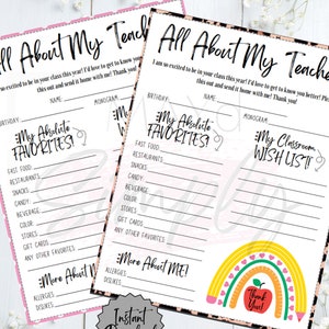 All About Teacher Questionnaire - Back to School - Teacher Appreciation - Digital Download