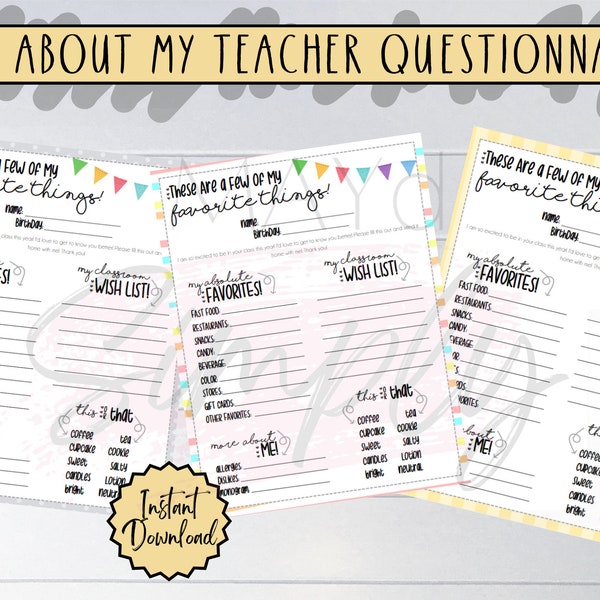 All About Teacher Questionnaire - Back to School - Teacher Appreciation - Digital Download