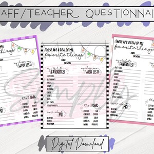All About Staff/Teacher Questionnaire - Back to School - Teacher Appreciation - Digital Download