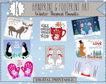 Può includere: Un pacchetto digitale stampabile di 16 disegni di arte di impronte di mani e piedi a tema invernale. I disegni includono un alce, pinguini, pupazzi di neve, guanti, un uomo di pan di zenzero, una tazza di cioccolata calda e una palla di neve. Il testo "HANDPRINT & FOOTPRINT ART" e "Winter Themed Bundle" è nella parte superiore dell'immagine. Il testo "DIGITAL PRINTABLE" è nella parte inferiore dell'immagine.