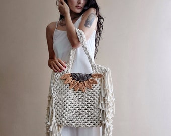 Sac en macramé, sac pour femme en macramé, sac à bandoulière pour femme, sac à nœud en coton, sac en coton avec détails tournesol, cadeau fête de la femme pour elle, « Clytie »