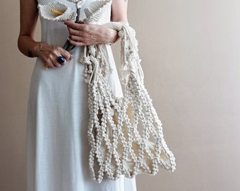 Macrame Bag, Mesh Bag, Macrame Woman Bag, Ecru & Beige Cotton Bag, Beach Tote Bag,  Women's Day Gifts, Special Gift for Lover