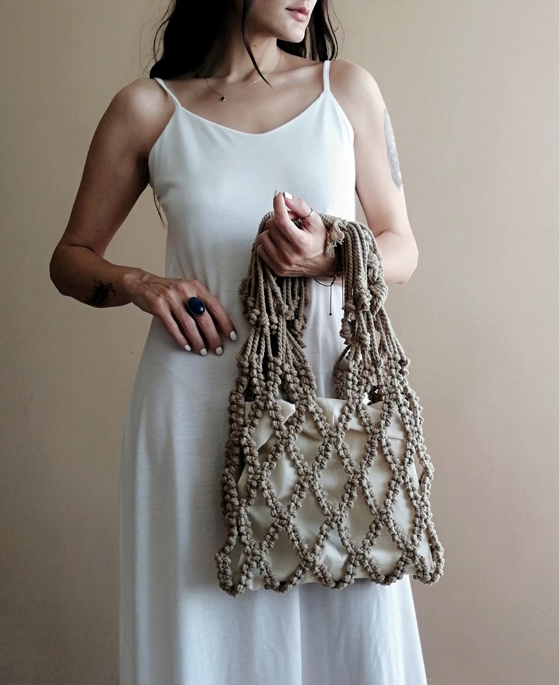 Macrame Bag, Mesh Bag, Macrame Woman Bag, Ecru & Beige Cotton Bag, Beach Tote Bag, Women's Day Gifts, Special Gift for Lover image 2