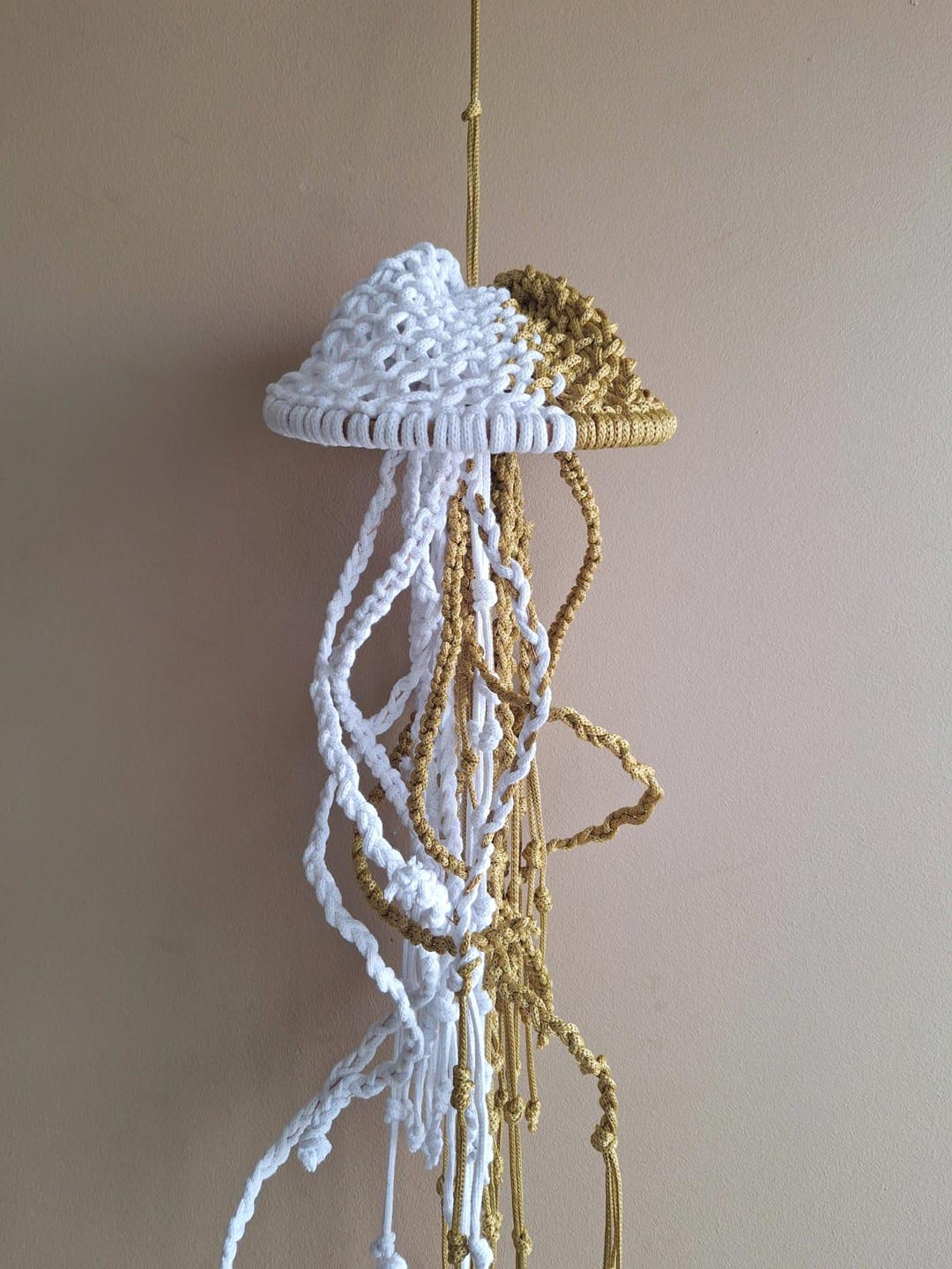 Gold and White Macrame Jellyfish Plant Hanger – Handmade Coastal Boho ...