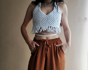 Macrame Bustier, Backless Woman Bustier, Macrame Woman Clothing, Cotton White, Lime Green Crop top, Women's Day Gifts for Her  'Edna'