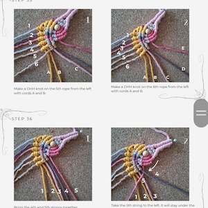 May include: Step-by-step instructions for making a macrame bracelet with colorful strings and a wooden bead. The instructions show how to tie a DHH knot and bring the 4th and 5th strings together.