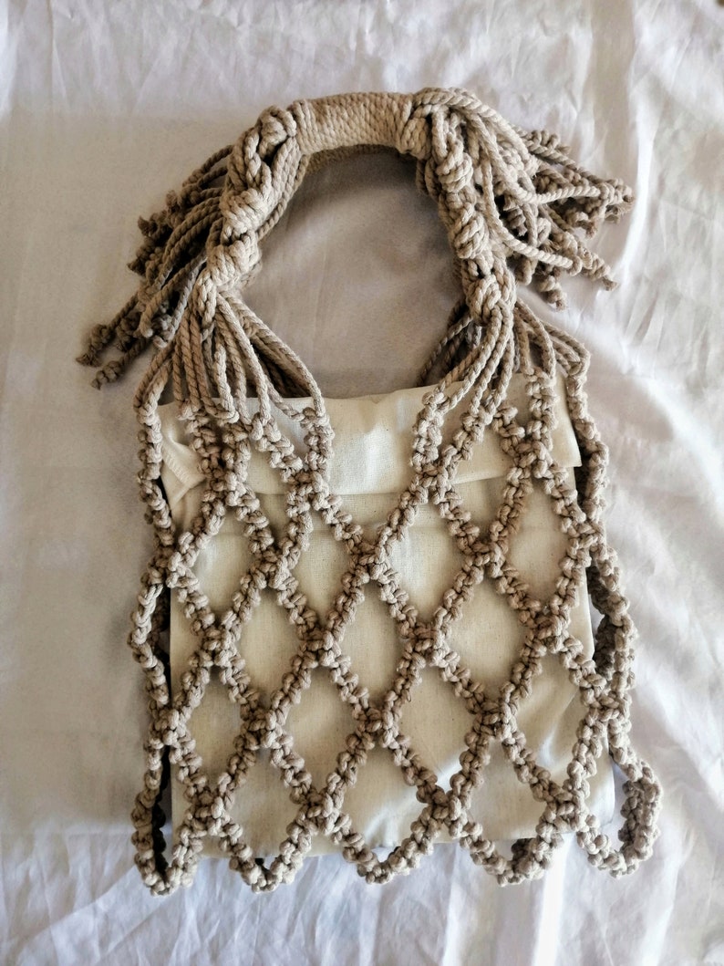 Macrame Bag, Mesh Bag, Macrame Woman Bag, Ecru & Beige Cotton Bag, Beach Tote Bag, Women's Day Gifts, Special Gift for Lover image 8