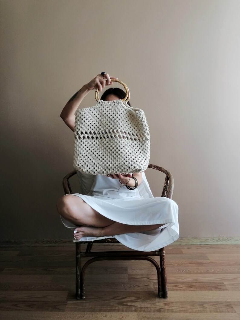Bamboo Handle Macrame Hand Bag for Woman, Cotton Handmade Bag Etsy