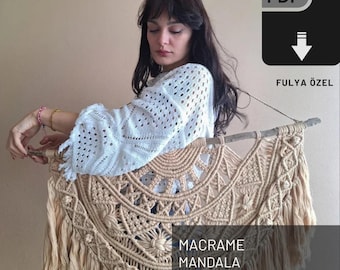 May include: A beige macrame mandala wall hanging with a wooden dowel at the top. The pattern is intricate and includes a variety of knots. The text "MACRAME MANDALA PATTERN" is printed at the bottom of the image.