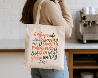 Waiting on God Bible Tote, Christian Tote Bag Faith Quote Canvas Tote, Gift for Women, Jesus Lover, Church Bible Bag, Baptism Gift