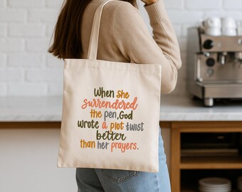 When She Surrendered Christian Tote Bag, Faith Canvas Tote, Surrender to God Scripture Inspired Religious Bag for Women, Christian Bible Bag