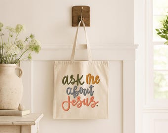 Ask Me About Jesus Christian Tote Bag Faith Canvas Tote Religious Bag Church Bible Study Gift Minimal Scripture Tote for Women