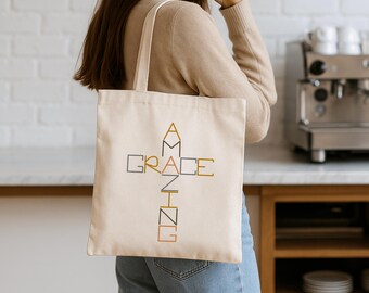 Amazing Grace Christian Tote Bag, Faith Canvas Tote, Grace Cross Design Religious Bag, Scripture Inspired Church Bible Study Gift