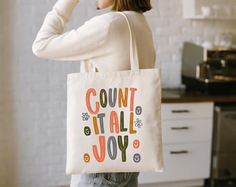 Count It All Joy Bible Bag, Christian Tote Bag, Faith Canvas Tote, Scripture Inspired Religious Bag, Church Bible Study Gift for Women