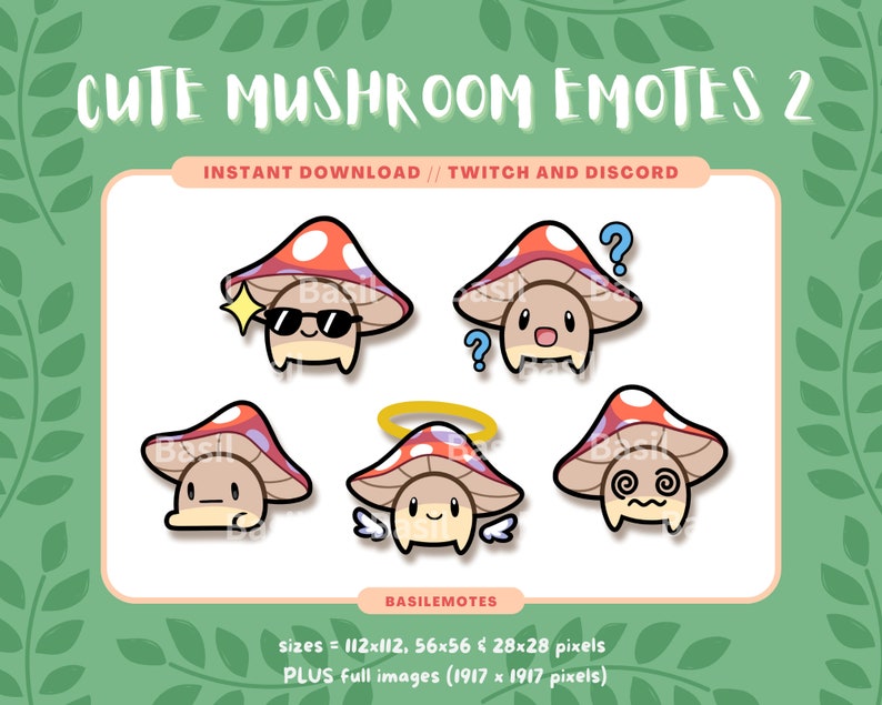 5 Cute Mushroom Emotes 2 // Instant Download // Streaming Twitch