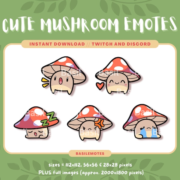 5 Cute Mushroom Emotes // Instant Download // Streaming Twitch, Discord, Youtube // Toadstool Fungi Emotes // Cottagecore Theme // Emojis