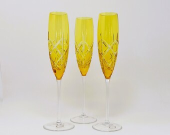 Ajka Yellow Crystal Fluted Champagne Glasses (3)