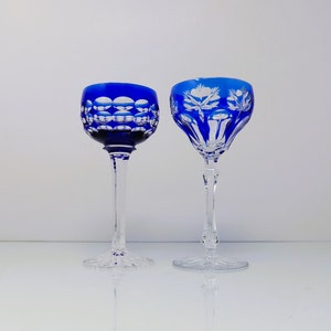 Bohemian Cobalt Blue Cut to Clear Wine Glasses
